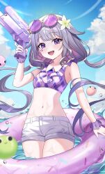  1girl :d alternate_costume bikini bikini_top_only blush breasts chest_jewel cloud colored_inner_hair commentary cowboy_shot day english_commentary eyewear_on_head flower gem grey_hair hair_flower hair_ornament highres holding holding_water_gun hololive hololive_english innertube koseki_bijou long_hair looking_at_viewer low_twintails multicolored_hair navel noraneco117 open_mouth outdoors pebble_(koseki_bijou) purple_eyes purple_gemstone purple_hair short_shorts shorts sky small_breasts smile solo stomach sunglasses swim_ring swimsuit twintails virtual_youtuber wading water water_drop water_gun wet white_flower white_shorts 