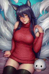 1girl ahoge ahri_(league_of_legends) animal_ears bare_shoulders black_hair black_thighhighs blush breasts closed_mouth clothing_cutout commentary dated deviantart_username facial_mark fox_ears fox_tail hair_between_eyes hand_up head_tilt highres large_breasts league_of_legends legs_together lips long_hair long_sleeves looking_at_viewer multiple_tails panties patreon_username pink_lips purple_panties realistic red_sweater sciamano240 shoulder_cutout signature sitting smile solo stuffed_toy sweater tail thighhighs underwear whisker_markings yellow_eyes rating:Sensitive score:87 user:danbooru