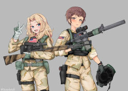  2girls american_flag ammunition_pouch assault_rifle battle_rifle belt belt_pouch black_gloves blonde_hair blue_eyes body_armor brown_eyes brown_hair bulletproof_vest buttoned_cuffs buttons camouflage camouflage_paint camouflage_pants camouflage_shirt chin_strap collared_shirt colt_commando combat_helmet commentary commission cowboy_shot desert_camouflage english_commentary fatigues girls_und_panzer gloves goggles goggles_on_headwear green_belt green_gloves gun gun_sling hand_up handgun unworn_headwear helmet unworn_helmet highres holding holding_gun holding_helmet holding_weapon holster holstered houshou8 kay_(girls_und_panzer) knee_pads long_hair long_sleeves m14 m1911 military_uniform multiple_girls naomi_(girls_und_panzer) optical_sight pants patch pocket pouch rifle shirt short_hair single_knee_pad sleeves_past_elbows sleeves_rolled_up soldier suppressor teeth thigh_holster trigger_discipline twitter_username two-tone_gloves uniform untucked_shirt upper_teeth_only v watch weapon white_gloves wristwatch yellow_pants yellow_shirt 