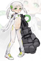  1girl artist_name belly blush bodysuit breasts clenched_hand cyborg green_eyes hair_bobbles hair_ornament highres loli looking_at_viewer mechanical_arms medium_hair navel open_mouth original revealing_clothes single_mechanical_arm small_breasts solo standing syrupmelty twintails white_hair  rating:Sensitive score:42 user:danbooru