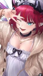  1girl absurdres blue_eyes bracelet breasts cardigan choker cleavage crystal_wings dress earrings gold_necklace highres hololive hololive_english horns irys_(casualrys)_(hololive) irys_(hololive) jeong_jje jewelry lace-trimmed_choker lace_trim necklace official_alternate_costume one_eye_closed open_mouth pointy_ears purple_hair short_hair smile solo v v_over_eye virtual_youtuber white_dress 