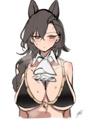  1girl 360_(taiyo360) absurdres animal_ears arknights ascot bikini black_bikini breasts brown_eyes brown_hair collarbone extra_ears highres large_breasts long_hair o-ring o-ring_top penance_(arknights) signature simple_background sketch solo sweat swimsuit upper_body white_ascot white_background wolf_ears wolf_girl  rating:Sensitive score:12 user:danbooru