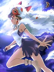  1girl apron black_dress brown_hair cape cloud cloudy_sky dagger dress earrings emi_(green_wave) facial_mark fur_cape highres holding holding_knife huge_moon jewelry knife looking_at_viewer mask mononoke_hime moon necklace night night_sky san_(mononoke_hime) shattered short_hair sky solo weapon white_apron white_cape  rating:General score:2 user:danbooru