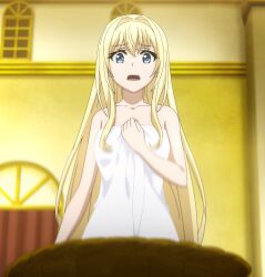  1girl bare_shoulders blonde_hair blue_eyes breasts collarbone goblin_slayer! highres long_hair naked_towel open_mouth priestess_(goblin_slayer!) screencap small_breasts stitched third-party_edit towel  rating:Sensitive score:14 user:PuttHutt