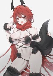  1girl bare_shoulders bikini black_bikini black_nails black_tail black_thighhighs breasts cleavage collarbone commentary_request cosplay cowboy_shot fang fate/grand_order fate_(series) fur-trimmed_legwear fur_armlet fur_bikini fur_cuffs fur_trim goddess_of_victory:_nikke hair_between_eyes hair_flaps hand_up highres horns large_breasts liar_(807645946) long_hair looking_at_viewer mash_kyrielight mash_kyrielight_(dangerous_beast) mash_kyrielight_(dangerous_beast)_(cosplay) mechanical_horns navel open_mouth red_hair red_hood_(nikke) red_scarf revealing_clothes scarf sidelocks simple_background skin_fang solo standing stomach swimsuit tail thighhighs very_long_hair white_background wolf_tail yellow_eyes  rating:Sensitive score:12 user:danbooru