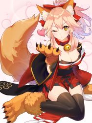  1girl absurdres animal_ears animal_hands bare_shoulders bell black_legwear breasts cleavage collar detached_sleeves fate/grand_order fate_(series) fox_ears fox_girl fox_tail gloves heart highres japanese_clothes jingle_bell kimono large_breasts neck_bell one_eye_closed paw_gloves pink_background pink_hair ponytail red_collar red_kimono short_hair sitting slit_pupils solo tail tamamo_(fate) tamamo_cat_(fate) tamamo_cat_(first_ascension)_(fate) wattyon01 white_legwear yellow_eyes  rating:Sensitive score:11 user:danbooru