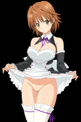  1girl bare_shoulders black_background blush breasts brown_hair cleavage cleavage_cutout cleft_of_venus clothes_lift clothing_cutout cowboy_shot detached_sleeves flashing frilled_thighhighs frills gender_request genderswap heart highres large_breasts lifting_own_clothes looking_at_viewer maid no_bra no_panties presenting pussy short_hair simple_background skirt skirt_lift solo standing thighhighs to_love-ru uncensored waitress waitress_uniform white_thighhighs yellow_eyes yuusaki_riko  rating:Explicit score:122 user:diosoth
