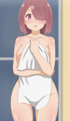  1girl absurdres bare_shoulders blush breasts brown_hair cleavage collarbone covering_privates covering_breasts covering_crotch eyebrows eyelashes highres hoshino_miyako_(wataten) large_breasts medium_hair navel nude one_eye_covered open_mouth poa_mellhen red_eyes standing stomach thighs towel upper_body watashi_ni_tenshi_ga_maiorita!  rating:Questionable score:78 user:Platyvyujz