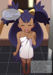  1girl :d barefoot blurry blurry_background blush closed_eyes collarbone commentary_request creatures_(company) dark-skinned_female dark_skin english_text facing_viewer full_body game_freak hand_up highres iris_(pokemon) kohatsuka long_hair low-tied_long_hair naked_towel nintendo open_mouth pokemon pokemon_bw raised_eyebrows smile solo speech_bubble standing teeth tile_floor tiles towel two_side_up upper_teeth_only 
