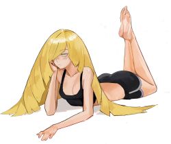  1girl absurdres ass barefoot black_shorts black_tank_top blonde_hair breasts cleavage closed_mouth collarbone commentary creatures_(company) crop_top dolphin_shorts feet full_body game_freak green_eyes grey_trim hair_over_one_eye highres long_hair lusamine_(pokemon) lying nintendo on_stomach pokemon pokemon_sm shorts simple_background soles solo tank_top tefi_blum toes white_background 