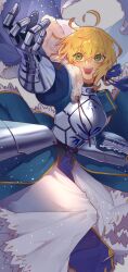  1girl :d ahoge arm_up armor armored_dress artoria_pendragon_(all) artoria_pendragon_(fate) blonde_hair blue_cape blue_dress cape dress fate/grand_order fate/stay_night fate_(series) faulds fur-trimmed_cape fur_trim gauntlets green_eyes hair_ribbon highres kujiraoka looking_up open_mouth ribbon saber_(fate) short_hair smile solo 