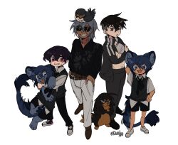  1girl 3boys :3 animal animal_ears animal_on_head animalization arm_behind_head artist_name belt bird black_eyes black_footwear black_hair black_jacket black_pants black_shorts black_sweater_vest blue_eyes child collared_shirt commentary creature crossed_arms dark-skinned_male dark_skin deviidog0 dog english_commentary falcon fangs full_body fur-tipped_tail grey_hair grey_shirt grin hand_on_own_hip hands_in_pockets highres jacket long_sleeves looking_at_viewer multiple_belts multiple_boys on_head open_clothes open_jacket open_mouth original pants parted_lips pink_eyes scar scar_on_face shirt short_hair short_sleeves shorts simple_background smile spiked_tail standing stomach sunglasses sweater_vest tail tomboy twitter_username undercut very_short_hair white_background 
