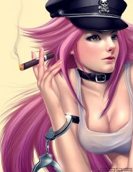  1girl breasts capcom choker cigar cleavage collar crossdressing cuffs final_fight fingernails grey_eyes handcuffs hat kei03 lips lipstick long_hair makeup nail nail_polish peaked_cap pink_hair pink_nails poison_(final_fight) realistic skull_and_crossbones smoking solo source_request watermark  rating:Questionable score:51 user:danbooru