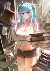  1girl :o absurdres ahoge aqua_eyes aqua_hair belt black_shorts blush book bookshelf breasts cleavage coat collarbone commentary commission english_commentary hair_between_eyes hair_ribbon highres holding holding_book large_breasts library long_hair long_sleeves looking_at_viewer medium_breasts navel off_shoulder open_mouth original paper ribbon short_shorts shorts sidelocks solo sunlight tank_top tansuan_(ensj3875) white_coat white_tank_top 