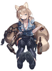  1girl absurdres alcohol animal_ears badge bandolier beer_bottle belt belt_pouch black_choker black_footwear black_gloves black_pants blonde_hair blue_eyes blue_shirt breasts choker cleavage drunk earrings eyewear_on_head fang fang_out flask full_body glass_bottle gloves highres holding holding_flask id_card jewelry kaerunoko lanyard large_breasts long_hair looking_at_viewer messy_hair military_rank_insignia mole mole_on_breast one_eye_closed original pants parted_bangs partially_unbuttoned pouch saliva shirt shoe_soles simple_background sitting solo straight-on stud_earrings unworn_gloves walkie-talkie white_background 