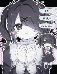  1girl ame-chan_(needy_girl_overdose) black_dress black_eyes black_hair blush_stickers chibi chibi_inset closed_mouth collared_dress commentary dress hair_ornament hair_over_one_eye hands_up highres long_hair long_sleeves looking_at_viewer needy_girl_overdose official_alternate_costume outline own_hands_together sabanose smile speech_bubble symbol-only_commentary translation_request twintails upper_body white_outline x_hair_ornament 