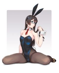 1girl alternate_costume animal_ears bare_shoulders black_hair black_leotard black_pantyhose blue_eyes blush breasts detached_collar fake_animal_ears fake_tail glasses hairband highres kantai_collection leotard lips long_hair ooyodo_(kancolle) pantyhose parted_lips playboy_bunny rabbit_ears rabbit_tail red_neckwear sitting small_breasts solo spread_legs strapless strapless_leotard tail white_background wrist_cuffs yuuji_(and) rating:Sensitive score:22 user:danbooru