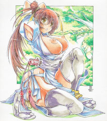  1girl armor armpits arms_up bad_id bad_pixiv_id breasts breasts_out brown_eyes brown_hair dated dead_or_alive greaves hair_ribbon highres kasumi_(doa) large_breasts long_hair marker_(medium) nape_yama ninja nipples no_panties on_one_knee pelvic_curtain ponytail puffy_nipples ribbon sandals sash short_sword signature solo sword tabi tecmo thighhighs traditional_media weapon weapon_on_back white_thighhighs 