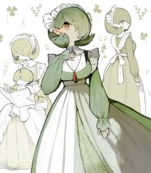  2girls absurdres alternate_costume book breasts collared_dress creatures_(company) dress enmaided game_freak gardevoir gen_3_pokemon green_dress green_hair hair_over_one_eye hand_up highres holding holding_book jewelry large_breasts long_dress long_sleeves maid maid_headdress multiple_girls multiple_views necklace nintendo open_book personification pointy_ears pokemon ralts sakutake_(ue3sayu) short_hair sitting sitting_on_lap sitting_on_person smile solo_focus 