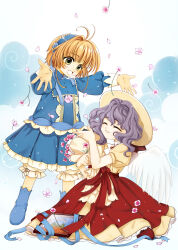  2girls :d ^_^ absurdres aged_down angel_wings antenna_hair bloomers blue_background blue_dress blue_footwear blue_hairband blue_ribbon boots bouquet brown_hair cardcaptor_sakura child choppy_bangs ciciya closed_eyes cloud dianthus dress falling_flower falling_petals flower frilled_dress frills full_body green_eyes hair_between_eyes hair_intakes hairband hand_up hat highres holding holding_bouquet holding_flower kinomoto_nadeshiko kinomoto_sakura lolita_hairband long_hair long_sleeves looking_at_another medium_dress medium_hair mother_and_daughter multiple_girls on_floor open_hand open_hands open_mouth outstretched_arms overskirt parted_lips petals photo_(object) picture_frame pink_flower puffy_long_sleeves puffy_short_sleeves puffy_sleeves purple_hair red_footwear red_ribbon red_skirt ribbon short_hair short_sleeves sitting skirt sleeve_cuffs smile spread_arms standing sun_hat throwing_petals time_paradox transparent_wings trapeze_dress turtleneck two-tone_background underwear wavy_hair white_background white_bloomers wings yellow_dress yellow_hat 