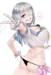 1girl ass bad_id bad_pixiv_id black_panties blue_eyes breasts butt_crack cleavage condom condom_belt covered_erect_nipples crop_top cum cum_on_clothes cum_on_hands gloves grin hair_ornament hair_over_one_eye hairclip hamakaze_(kancolle) highres j.k. kantai_collection large_breasts looking_at_viewer looking_back multiple_condoms no_bra no_pants panties panty_pull sailor_collar see-through short_hair silver_hair smile solo teeth underwear used_condom v wedgie white_background white_gloves rating:Explicit score:61 user:danbooru
