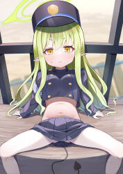  1girl blue_archive blush breasts buttons closed_mouth commentary_request cowboy_shot crop_top demon_tail double-breasted frown green_hair green_halo halo hat hikari_(blue_archive) highres hikari_(blue_archive) long_hair long_sleeves looking_at_viewer midriff miniskirt navel pantyhose pointy_ears shako_cap sitting skirt solo spread_legs stomach sweatdrop tail templus v-shaped_eyebrows white_pantyhose yellow_eyes  rating:Sensitive score:23 user:danbooru