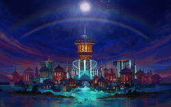  1other absurdres building city city_lights cityscape cloud colorful commentary dome double_rainbow dusk english_commentary fantasy full_moon highres holding holding_staff idrawbagman lake moon moonbeam moonlight mountain nature night night_sky original outdoors partially_immersed rainbow reflection reflective_water scenery shore signature sky spire staff very_wide_shot water 