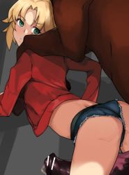  1girl absurdres animal_penis ass back bar_censor bent_over bestiality blonde_hair breasts censored cum cumdrip fang fate/grand_order fate_(series) from_above from_behind green_eyes hetero highres horse horse_penis huge_penis looking_back mordred_(fate) mordred_(fate/apocrypha) mordred_(memories_at_trifas)_(fate) penis ponytail precum sidelocks small_breasts solo thigh_sex thighs todding veins veiny_penis  rating:Explicit score:395 user:Re-L_Mayer