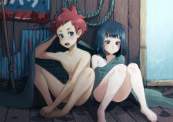  1boy 1girl black_hair blanket blanket_hug blue_eyes blush brown_eyes closed_mouth commentary_request embarrassed feet_together fishing_rod indoors knees_apart_feet_together knees_together_feet_apart loli medium_hair nervous_smile nude open_mouth original rain red_hair rope shared_blanket shota sitting smile sousuke_(sauceke) testicles water wet window 