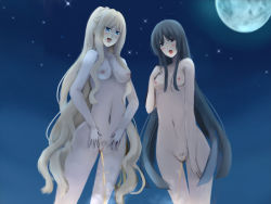 2girls black_hair blonde_hair blue_eyes blush breasts brown_eyes censored from_below long_hair looking_to_the_side moon multiple_girls navel night nipples nude open_mouth peeing pubic_hair pussy small_breasts smile standing star_(sky) rating:Explicit score:6 user:cpee