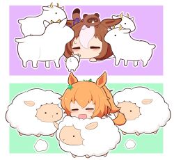  2girls :d animal animal_ears animal_on_head blush_stickers brown_hair chibi closed_eyes commentary_request goat gomashio_(goma_feet) green_background green_ribbon grey_outline hair_between_eyes hair_ornament hair_ribbon horse_ears horse_girl horse_tail meisho_doto_(umamusume) multicolored_hair multiple_girls on_head open_mouth ponytail purple_background ribbon sheep smile star_(symbol) star_hair_ornament sweat taiki_shuttle_(umamusume) tail tanuki two-tone_hair umamusume white_hair 