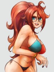  1girl android_21 arc_system_works artist_request bare_shoulders bikini breasts brown_hair cleavage dragon_ball dragon_ball_fighterz earrings female_focus gold_bracelet gold_earrings grey_background hair_between_eyes jewelry large_breasts long_hair looking_at_viewer multicolored_bikini multicolored_clothes open_mouth sidelocks smile solo standing swimsuit teeth tongue upper_teeth_only very_long_hair  rating:Sensitive score:10 user:Groveman