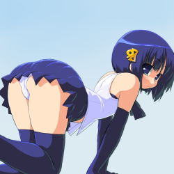  1girl 98-tan all_fours arched_back ass bad_id bad_pixiv_id blue_eyes blue_hair blush bob_cut dd_(ijigendd) elbow_gloves flat_chest gloves gradient_background hair_ornament hairclip hairpin latex latex_gloves looking_at_viewer looking_back looking_to_the_side matching_hair/eyes neckerchief os-tan panties pantyshot pleated_skirt shirt short_hair simple_background skirt sleeveless sleeveless_shirt solo thighhighs underwear upskirt white_panties  rating:Sensitive score:54 user:danbooru