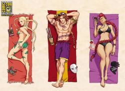 1boy 2girls abs ahoge armlet arms_behind_head arnold_tsang ass vega_(street_fighter) barefoot beach_towel bikini black_bikini blonde_hair bodypaint braid breasts cammy_white camouflage claw_(weapon) cocktail_glass collage crab crimson_viper cup dakimakura_(medium) digital_media_player drinking_glass earbuds earphones eyewear_on_head feet glasses gloves unworn_gloves green_bikini hand_on_own_ass huge_ahoge lips long_hair lying mask unworn_mask medium_breasts mature_female multiple_girls muscular odd_one_out on_back on_stomach red_hair topless_male shorts side-tie_bikini_bottom single_braid small_breasts soles street_fighter sunglasses swimsuit tan tattoo toes towel twin_braids udon_entertainment very_long_hair weapon wide_hips