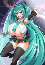  1girl :d absurdly_long_hair alternate_breast_size armpits barcode barcode_tattoo black_gloves black_skirt black_thighhighs blush breasts center_opening crop_top gloves green_eyes green_hair hatsune_miku headset highres huge_breasts long_hair microskirt midriff necktie nipple_slip nipples open_mouth panty_straps partially_fingerless_gloves pointing pubic_tattoo shirt skirt sleeveless sleeveless_shirt smile solo tattoo thighhighs twintails very_long_hair vocaloid xiao_(gensou8953) 