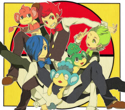  10s 3boys bad_id bad_pixiv_id bartender blouse blue_eyes blue_hair bow bowtie brothers chili_(pokemon) cilan_(pokemon) creatures_(company) cress_(pokemon) game_freak gen_5_pokemon green_eyes green_hair gym_leader hair_over_one_eye male_focus multiple_boys nintendo one_eye_closed ono_(0_no) panpour pansage pansear poke_ball pokemon pokemon_(creature) pokemon_bw red_eyes red_hair shirt siblings traditional_bowtie triplets v white_shirt wink  rating:Sensitive score:8 user:danbooru
