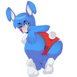 1girl animal_ears ass blue_hair blue_skin blush blush_stickers breasts colored_skin eyelashes five_nights_at_freddy&#039;s five_nights_at_freddy&#039;s_2 green_eyes looking_at_viewer looking_back mairusu-paua rabbit rabbit_ears rabbit_tail robot short_hair sideboob simple_background smile socks tail toy_bonnie rating:Questionable score:65 user:Randomguy710