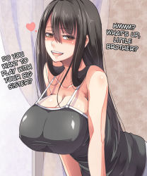  1girl bare_shoulders black_hair blush breasts brother_and_sister camisole cleavage collarbone curtains hard-translated heart huge_breasts incest leaning_forward long_hair original siblings smile solo teenage_girl_and_younger_boy third-party_edit translated window ygo_(kintsuba)  rating:Questionable score:302 user:StolenTranslations