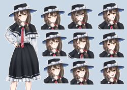  1girl :d :o angry black_capelet black_hat black_skirt blue_background blush bow brown_hair capelet closed_mouth commentary_request erisauria expressionless expressions frilled_capelet frilled_skirt frills glaring grin hair_bow hand_on_own_hip hat hat_bow head_tilt highres light_smile long_sleeves looking_at_viewer medium_hair necktie open_mouth outline psd_available red_bow red_necktie scared shaded_face shirt simple_background skirt smile solo standing surprised touhou usami_renko variant_set white_bow white_outline white_shirt yellow_eyes 
