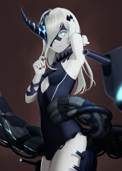  1girl abyssal_ship arm_up black_dress black_nails black_one-piece_swimsuit blue_eyes breasts brown_background closed_mouth dress glowing glowing_eye grey_hair hair_between_eyes highres horns kantai_collection long_hair looking_at_viewer nail_polish ne-class_heavy_cruiser one-piece_swimsuit pale_skin porupurucha simple_background single_horn sleeveless small_breasts solo swimsuit turret 