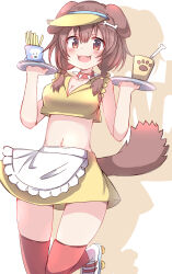  1girl :d absurdres animal_ears apron bare_arms bare_shoulders blush bone_hair_ornament braid breasts brown_eyes brown_hair cartoon_bone cleavage commentary_request crop_top dog_ears dog_girl dog_tail doggy_god&#039;s_street drop_shadow fang food french_fries frilled_apron frills hair_ornament hair_over_shoulder highres holding holding_tray hololive inugami_korone looking_at_viewer low_twintails medium_breasts midriff navel official_alternate_costume open_mouth red_thighhighs roller_skates shirt skates skirt sleeveless sleeveless_shirt smile solo standing standing_on_one_leg tail thighhighs tray twin_braids twintails umberblack virtual_youtuber visor_cap waist_apron white_apron white_background white_footwear yellow_shirt yellow_skirt 