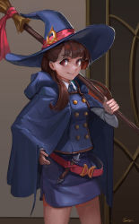  1girl broom brown_hair closed_mouth dress eyelashes hat highres kagari_atsuko little_witch_academia long_hair long_sleeves looking_at_viewer pencil_skirt red_eyes school_uniform skirt smile solo standing wand wiiczp witch witch_hat 