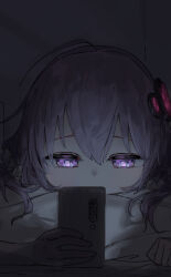  1girl absurdres cellphone commentary_request covered_mouth dark_room eye_reflection hair_ornament half-closed_eyes head_on_pillow highres holding holding_phone indoors ksagi long_hair looking_at_phone lying on_stomach phone portrait purple_eyes purple_hair raised_eyebrows reflection screen_light smartphone solo voiceroid yuzuki_yukari  rating:General score:7 user:danbooru