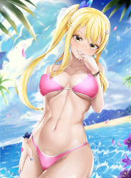  1girl absurdres akaisu bikini blonde_hair blush bra breasts breasts_apart brown_eyes cleavage collarbone fairy_tail hair_between_eyes hair_ornament hairclip hand_on_own_hip hand_tattoo highres large_breasts long_hair looking_at_viewer lucy_heartfilia nail_polish navel outdoors pink_bikini pink_bra ponytail smile solo swimsuit tattoo underwear water  rating:Sensitive score:48 user:mgoods
