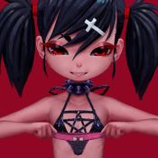  1girl animated bikini bikini_top_only black_bikini black_hair breasts collar cross dagger_(fizrotart) fiz-rot flat_chest goth_fashion hair_ornament hair_tie hairclip head_tilt holding holding_clothes holding_panties holding_underwear leather_bikini live2d loli looping_animation panties pentagram punk red_eyes short_twintails simple_background small_breasts smile smug solo spiked_collar spikes swimsuit teeth tongue tongue_out twintails underwear video  rating:Questionable score:265 user:mcsweats