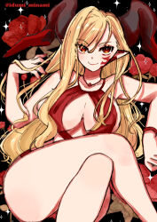  1girl armpits asymmetrical_bangs bare_shoulders blonde_hair breasts center_opening cleavage crossed_legs dress facial_mark fate/grand_order fate_(series) hair_over_one_eye highres horns izumi_minami jewelry large_breasts long_hair looking_at_viewer necklace nero_claudius_(fate) nero_claudius_(fate)_(all) pointy_ears queen_draco_(fate) queen_draco_(third_ascension)_(fate) red_dress red_eyes smile solo thighs 