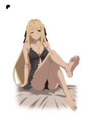  1girl absurdres ariel_anemoi_asura bare_legs barefoot black_negligee black_nightgown black_panties blonde_hair blue_eyes breasts cleavage covered_erect_nipples crossed_legs full_body highres kevcrexx leg_up light_smile long_hair looking_to_the_side medium_breasts mushoku_tensei nightgown one_eye_closed panties partially_visible_vulva see-through signature simple_background sitting soles solo toes underwear very_long_hair white_background 