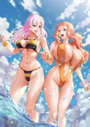  2girls :d abs bikini black_bikini blue_eyes blue_sky breasts cameltoe cecilia_campbell cloud day earrings elisa_anker ge_xi hair_between_eyes highres holding_hands huge_breasts interlocked_fingers jewelry large_breasts levasol_defense_corps looking_at_another multiple_girls navel ocean open_mouth orange_bikini orange_eyes orange_hair outdoors pink_hair ponytail revealing_clothes sky slingshot_swimsuit smile string_bikini swimsuit two-tone_bikini wading water witches_in_7th_base yellow_bikini yuri 
