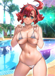  1girl ahoge artist_name bare_shoulders bikini blue_eyes blush breasts closed_mouth collarbone commentary_request day fingernails gundam gundam_suisei_no_majo hairband hands_up highres large_breasts lips micro_bikini navel outdoors oyaman palm_tree pool pulling_own_clothes red_hair reflection short_hair signature simple_background smile solo stomach string_bikini suletta_mercury swimsuit thighs tree water white_bikini  rating:Sensitive score:64 user:danbooru