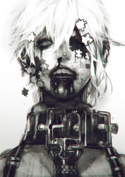  1boy bad_id bad_pixiv_id blood blood_from_mouth blood_in_mouth blood_on_face guro hujimogeo jigsaw_puzzle monochrome open_mouth original puzzle short_hair white_hair  rating:Sensitive score:12 user:danbooru